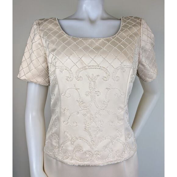 Karen Miller Cream Satin Beaded Short Sleeve Formal Event Maxi Dress Size 10 - Picture 3 of 11